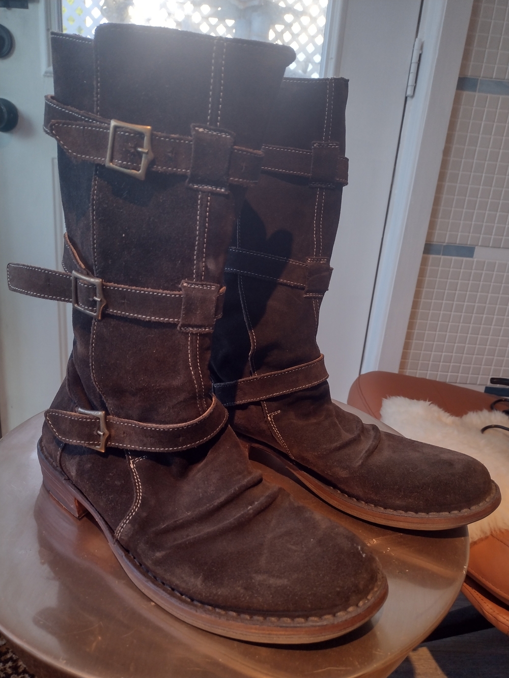 Men's Dark Brown Suede Buckle Strap Mid-Calf Boots